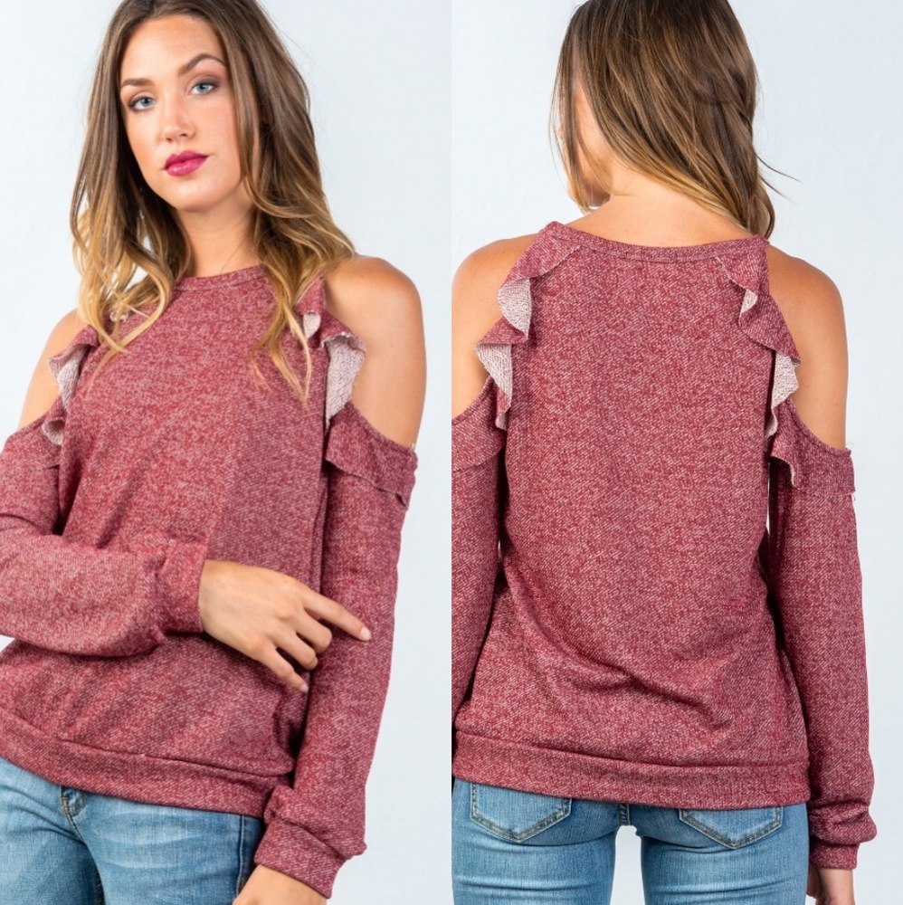 💖Burgundy Ruffled Cold Shoulder Top